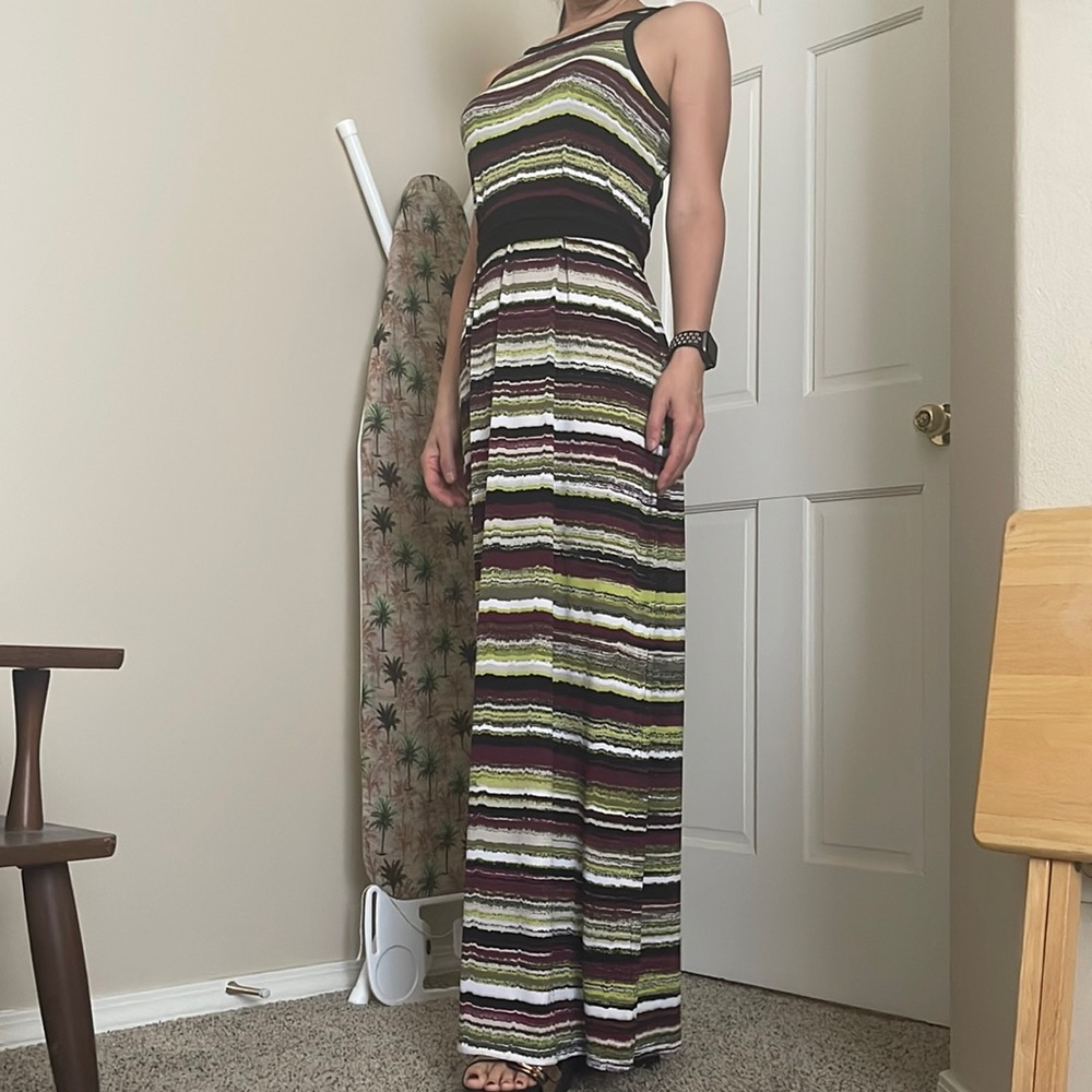 Green, white, black, and purple long dress